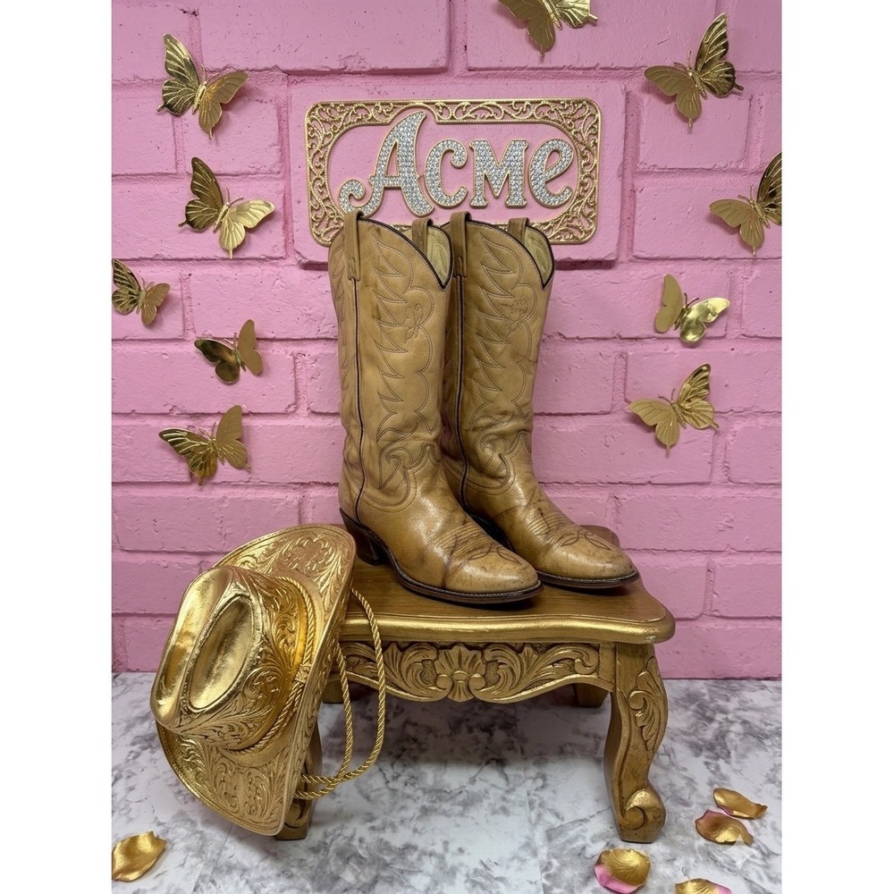 VINTAGE‎ 🦋ACME 🦋Butterfly Inlay Cowboy Boots sz 8.5 M Boho Western Distressed